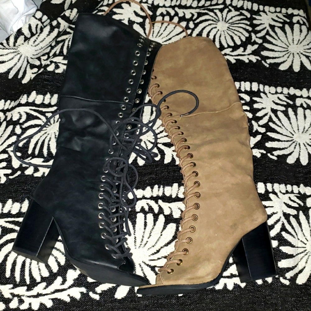 Two different colored lace up boots